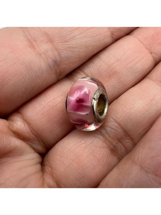 Pandora Jewelry - Pink Murano Glass Bead With Sterling Silver Core & Floral Design For Charm Brace